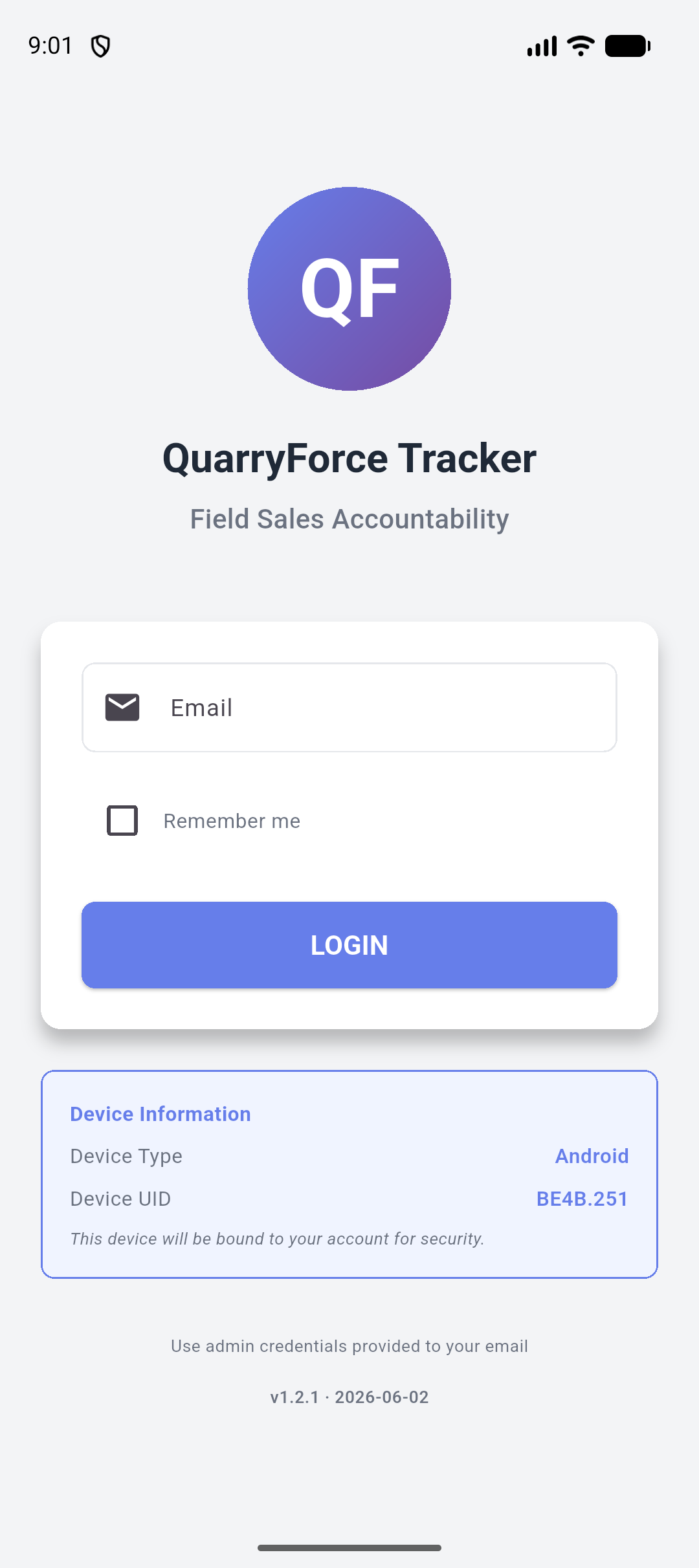 QuarryForce mobile app login screen with device-binding security